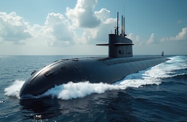 Fototapeta premium Large black submarine moves through blue ocean waves. Military vessel cruises on open sea under sunny sky with clouds. Modern warship sails on nautical mission, leaving white wake.