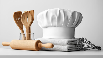 A chef's hat sits alongside cooking utensils, a rolling pin, kitchen towels, and a whisk, symbolizing culinary creativity and kitchen readiness.