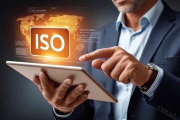 Business professional using tablet with glowing ISO symbol and global data visualization