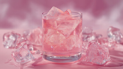 A refreshing pink drink sits in a clear glass, filled with ice cubes, surrounded by glistening pieces of ice, set against a soft pink background.