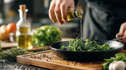 A chef pours olive oil over fresh greens in a pan, surrounded by vibrant vegetables and herbs, highlighting the essence of healthy cooking.