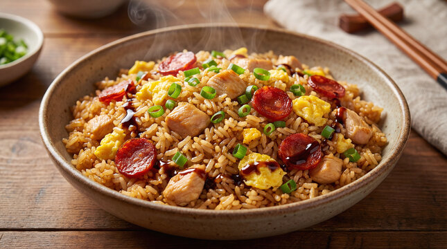 Delicious Arroz chaufa, scrambled eggs, meat or chicken, scallions. Traditional Peruvian food, fried rice dish.