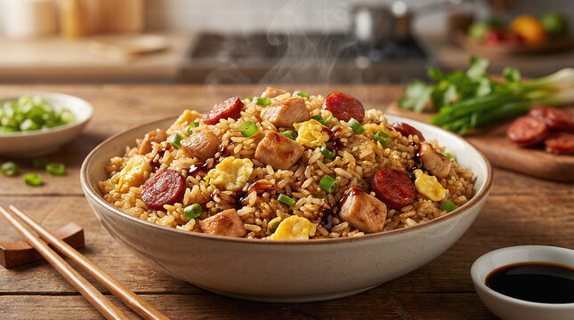 Delicious Arroz chaufa, scrambled eggs, meat or chicken, scallions. Traditional Peruvian food, fried rice dish.