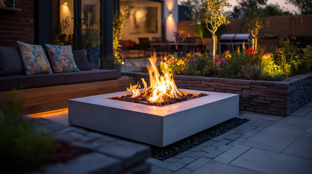 A cozy outdoor space featuring a modern fire pit surrounded by vibrant flowers and comfortable seating, perfect for evening relaxation.