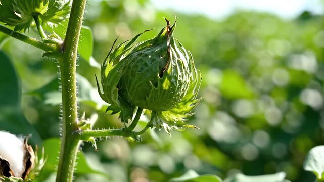 Close up of a green cotton boll on a plant in a field.