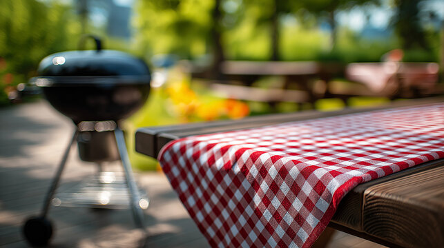 A vibrant picnic setting with a checkered tablecloth, a black grill in the background, and lush greenery, perfect for outdoor dining and gatherings.