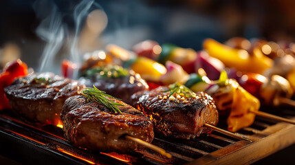Succulent skewers of grilled meat sizzle over hot flames, surrounded by vibrant, colorful vegetables, creating a mouthwatering barbecue feast.