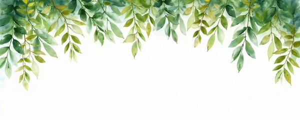 Obraz premium Watercolor greenery branches with leaves frame top border. Natural plant art with fresh green foliage. Organic botanical design element isolated on white background.
