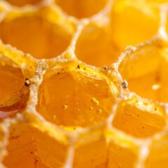 Close-up view of golden honey glistening within a natural hexagonal honeycomb structure.