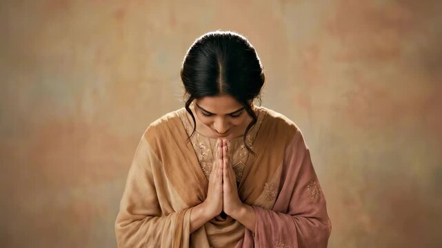 young indian - A serene woman dressed in traditional attire bows her head with hands clasped in a prayer gesture, set against a soft, blended pastel background