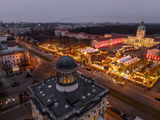 Christmas market in Berlin. Aerial Shot of Weihnachtsmark on Charlottenburg Palace. Winter Holidays in Berlin, Germany.