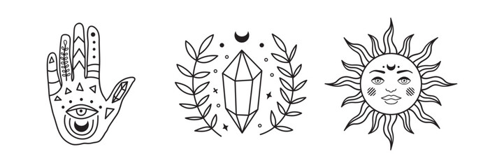 Mystical hand, crystal and sun with celestial face. Vintage esoteric vector illustration featuring boho line art, astrology symbols, and retro tarot design elements. Vector illustration