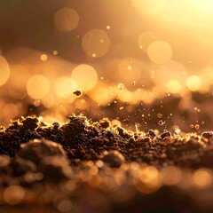 Close-up of rich, dark soil illuminated by warm golden sunlight, creating beautiful bokeh effects and highlighting airborne particles.