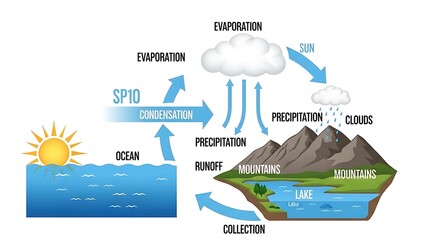 Obraz premium Water Cycle Diagram Illustration Showing Evaporation Condensation Precipitation and Collection Process