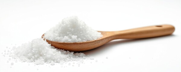 Heap of white sea salt crystals on wooden spoon. Coarse salt grains pour onto white surface. Ingredient for cooking seasoning dishes health.