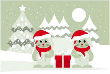 bunnies with caps and scarves and gift in snowy landscape