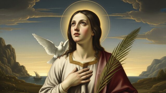Saint Devota serene gaze towards heavens, white dove perches on shoulder, palm frond held, coastal landscape, religious devotion, spiritual, ethereal.