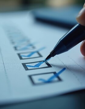 Hand marks blue checkmarks on paper list. Checking off tasks, completing duties, confirming items. Goal achievement, planning, organization, productivity, work progress. Confirmed items on document.