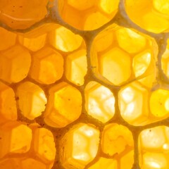 Detailed close-up of a golden honeycomb structure with light shining through its hexagonal cells, showcasing natural beauty.