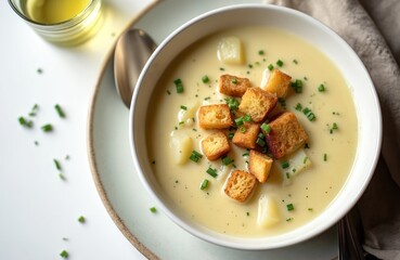Creamy potato leek soup in bowl garnished with croutons and chives. Steaming hot meal perfect for winter. Comforting food served with fresh herbs and crunchy bread.