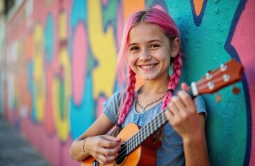 Smiling teenage girl with pink braids plays ukulele outdoors. She is leaning against a vibrant graffiti wall, enjoying summer music and expressing her unique personality. Fun, youthful energy.