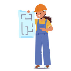 Little girl engineer isolated cartoon character wearing hard hat and uniform reading blueprint