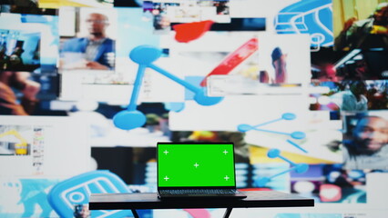 Screen running copy space mockup on laptop next to social network apps, modern web design and user interface for easy online connection. Mobile interaction on media. Camera B.