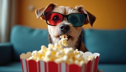 Dog wears 3d glasses and eats popcorn from a striped box. It watches TV on a sofa indoors. Pet has fun at home. This is a funny animal moment.
