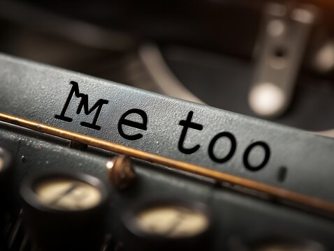 Close-up of typewriter displaying "Me too" in black font, emphasizing the movement's impact