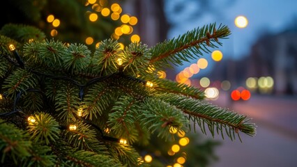 A magical Christmas composition of fir tree twigs entwined with golden lights on a dark background.