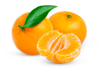 Whole tangerine with green leaf, peeled half or slice of mandarin or clementine isolated.
