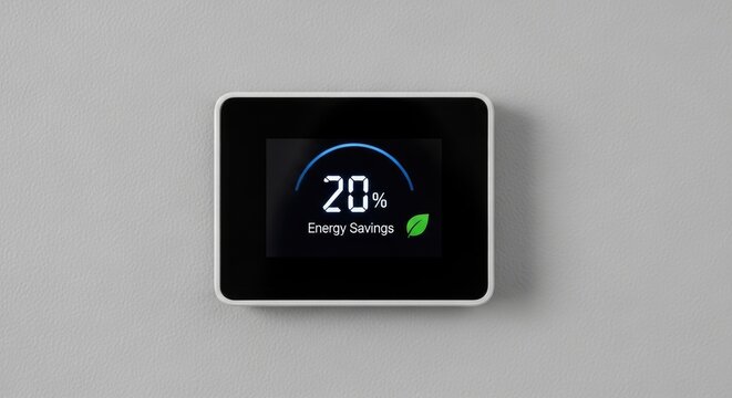 Contemporary digital display showcasing a twenty percent reduction in power consumption, indicating economic efficiency and environmental preservation for smart homes and offices. - Powered by Adobe