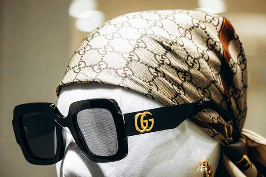 Nice, France - November 14, 2025: Close-up of Gucci sunglasses on a mannequin inside the Gucci boutique on Avenue Verdun in Nice