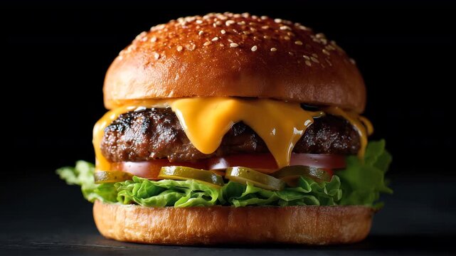 白背景に置かれたビーフチーズバーガーの単体商品写真