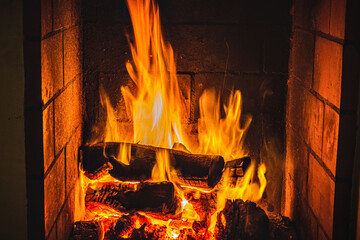 Cozy Fireplace with Burning Firewood and Bright Flames
