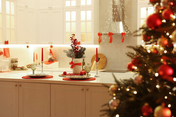 Stylish kitchen with Christmas decor. Interior design