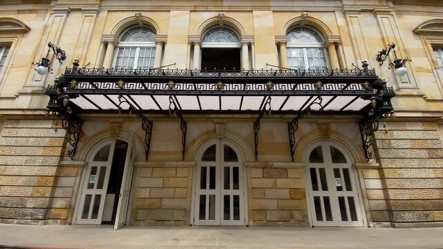 Facade of the Christopher Columbus Theater, neoclassical national theatre inaugurated in 1892, located in downtown Bogota, Colombia.