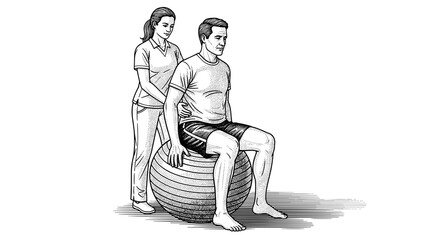 Male patient sitting on exercise ball with therapist assisting  