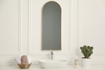 Fototapeta premium Stylish mirror, vessel sink and houseplant in bathroom. Interior design