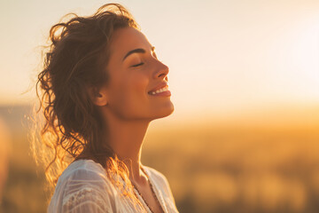 calm happy smiling free woman with closed eyes enjoys a beautiful moment life on the fields at sunset