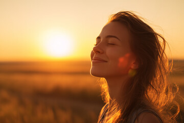 calm happy smiling free woman with closed eyes enjoys a beautiful moment life on the fields at sunset
