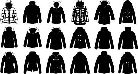 Black and White Vector Icons of Winter Jackets and Coats, Fashion Apparel Collection © pixsource