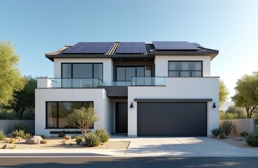 Fototapeta premium Modern white two story house features rooftop solar panels powering home. Contemporary architecture garage door, large windows, balcony with glass railing. Xeriscape landscaping surrounds clean