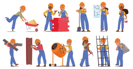 Fototapeta premium Cute children builders carton characters wearing workwear enjoying construction and building set