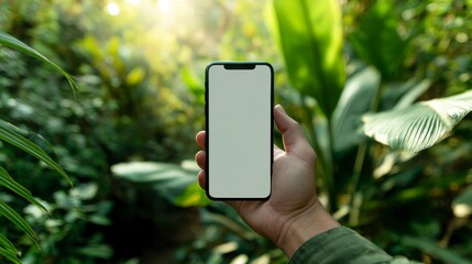 A person's hand holds a mobile device with a blank screen, against a lush, green natural background, bathed in sunlight. Focus on the screen, surrounded by foliage