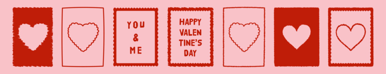 Pink and red love frame heart set, Valentine day border, hand-drawn vector romantic postcard design.Holiday February background decoration,wedding invitation letter print.Cute love frame creative art