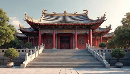 Naklejka premium Grand Chinese temple with red columns and ornate roof details. Wide stone stairs lead to building entrance. Rich trees frame the facade under a clear sky, representing ancient culture.
