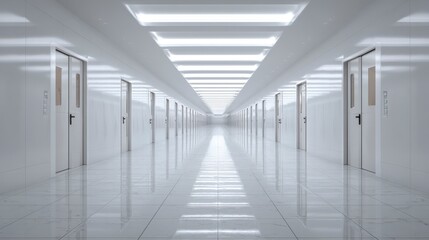 A perspective of a long, pristine, white corridor with evenly spaced closed doors, glowing ceiling lights, and reflective flooring