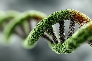 Green particle DNA double helix visualization, a detailed macro image of life’s blueprint