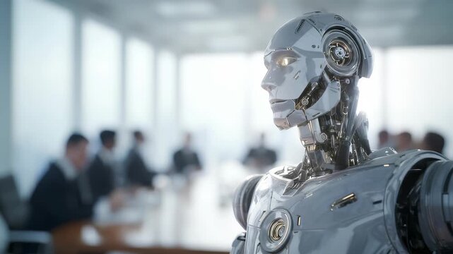 A highly advanced robot with realistic human features is present in a corporate meeting setting, symbolizing AI integration. The scene highlights technology's impact on modern workplaces